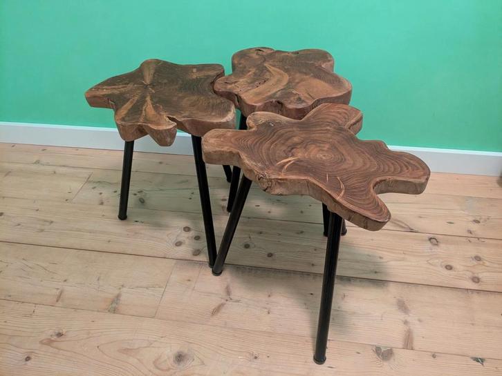 Boomstam Tafeltjes Set van 3 merk: Zuiver, Huis en Inrichting, Tafels | Bijzettafels, Gebruikt, Overige vormen, Minder dan 45 cm