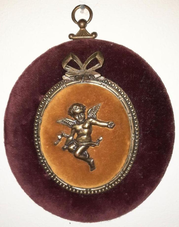 Antiek ovaal schilderijtje koperen engeltje, Huis en Inrichting, Woonaccessoires | Wanddecoraties, Gebruikt, Ophalen of Verzenden