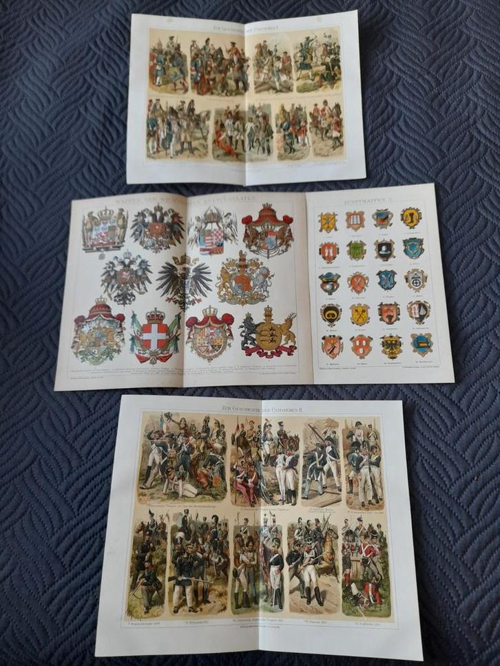 Oude prenten: Uniformen en Wapens, Antiek en Kunst, Antiek | Schoolplaten, Geschiedenis, Ophalen of Verzenden