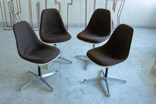 4x Eames fiberglass shell / brown hopsak Herman Miller, Huis en Inrichting, Stoelen, Gebruikt, Vier, Kunststof, Metaal, Stof, Bruin