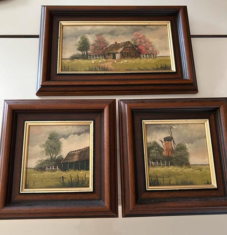 Drie ingelijste olieverfschilderijen, Antiek en Kunst, Kunst | Schilderijen | Klassiek, Ophalen of Verzenden