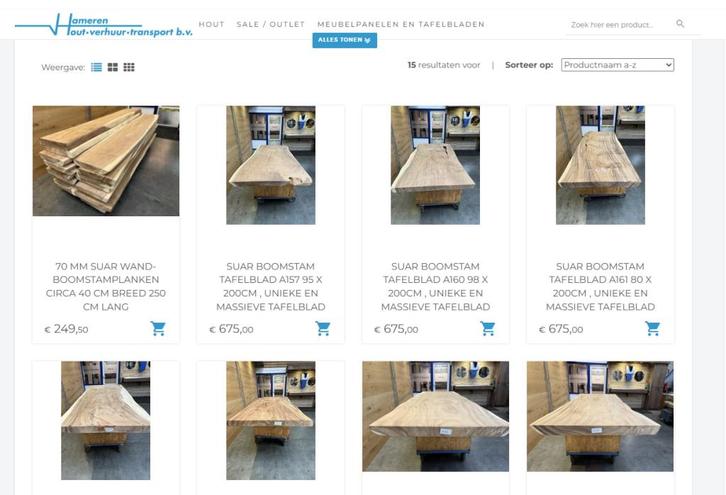 Suar boomstamblad tafelbladen op voorraad grote keus, Huis en Inrichting, Tafels | Eettafels, Nieuw, Overige houtsoorten