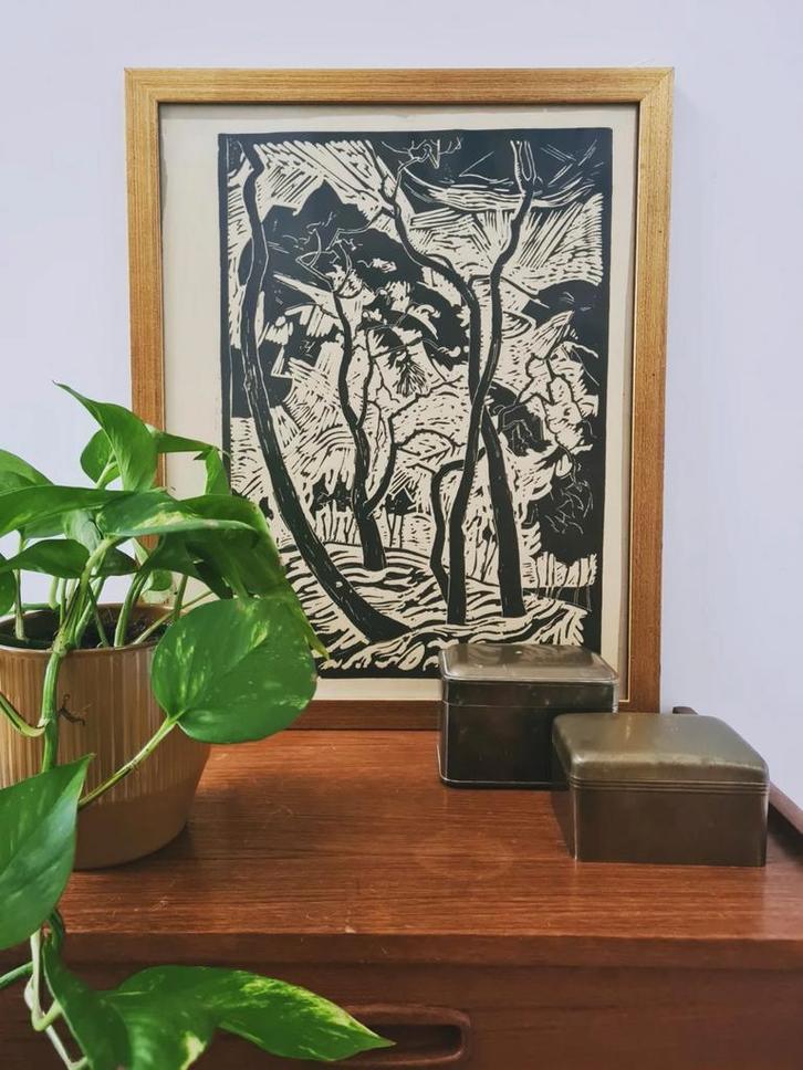 Houtsnede bosgezicht Renkum van Herman Bieling, Antiek en Kunst, Kunst | Schilderijen | Klassiek, Ophalen of Verzenden