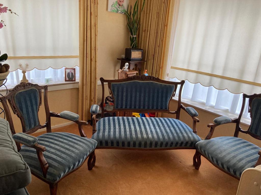 Antiek blauw velours bankstel:, 2 stoelen, bankje, Antiek en Kunst, Ophalen