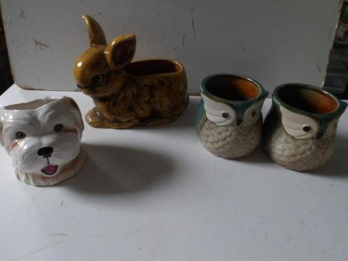 bloempotjes in vorm van dier, haas, hond en 2 x uiltje, Antiek en Kunst, Curiosa en Brocante, Ophalen of Verzenden