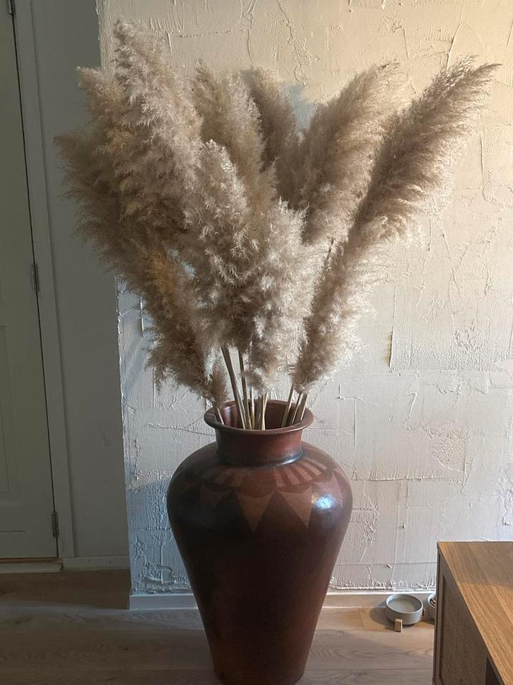 Grote Aardewerk Vaas met Pampasgras, Huis en Inrichting, Woonaccessoires | Vazen, Gebruikt, Overige kleuren, 75 cm of meer, Aardewerk of Porselein