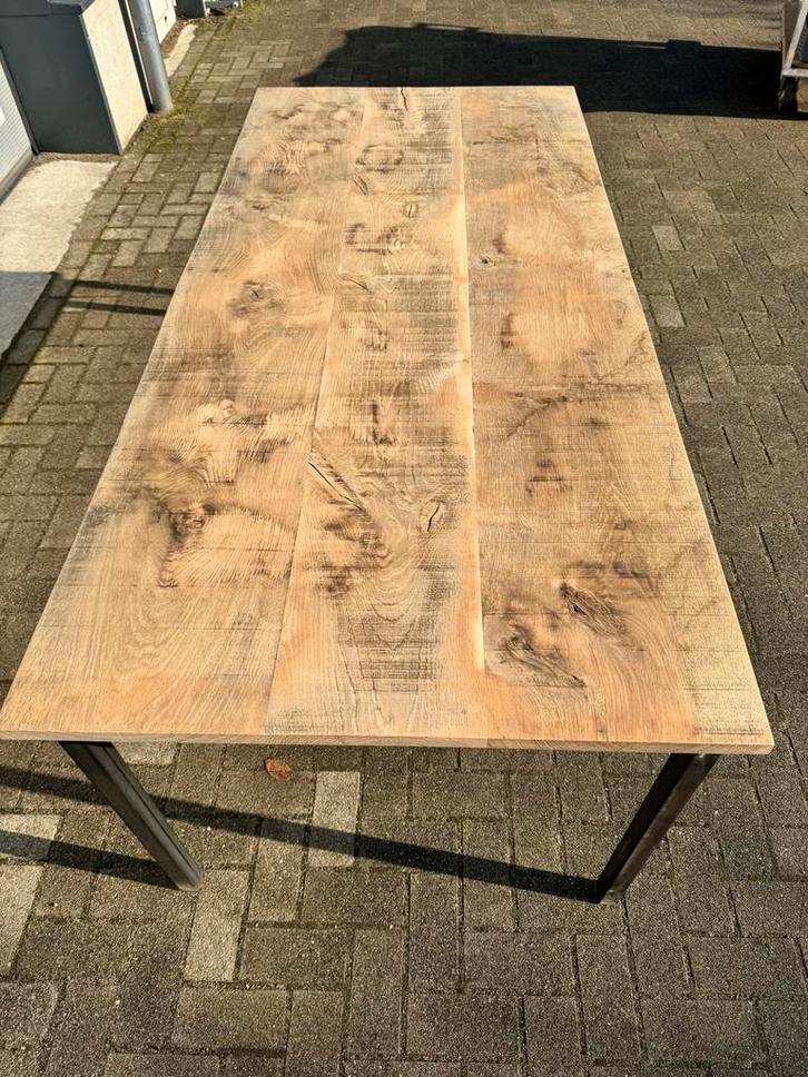 Eettafel oud eikenhout, stalen onderstel oud hout, Huis en Inrichting, Tafels | Eettafels, Nieuw, 50 tot 100 cm, Vijf personen of meer