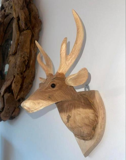 Houten Hertenkop met gewei voor aan de wand - KLEIN, Antiek en Kunst, Kunst | Beelden en Houtsnijwerken, Ophalen of Verzenden