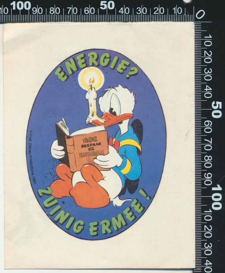 Sticker: Walt Disney Donald Duck - Energie zuinig ermee (3), Verzamelen, Stickers, Zo goed als nieuw, Strip of Tekenfilm, Ophalen of Verzenden