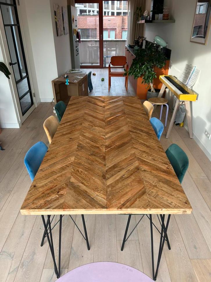 Houten tafel 90x200cm + 6 velvet stoelen (Giga Meubel), Huis en Inrichting, Tafels | Eettafels, Zo goed als nieuw, 50 tot 100 cm