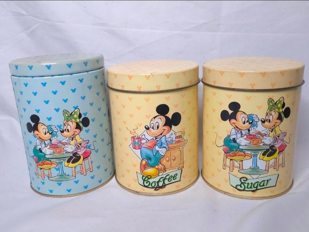 Mickey Minnie 3 voorraadbussen coffee sugar vintage kerst, Ophalen of Verzenden, Mickey Mouse, Gebruikt, Servies