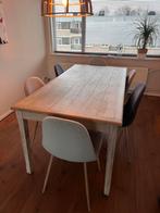 Eettafel met 6 stoelen in verschillende kleuren, Huis en Inrichting, Tafels | Eettafels, Ophalen, Gebruikt, 50 tot 100 cm, Vijf personen of meer