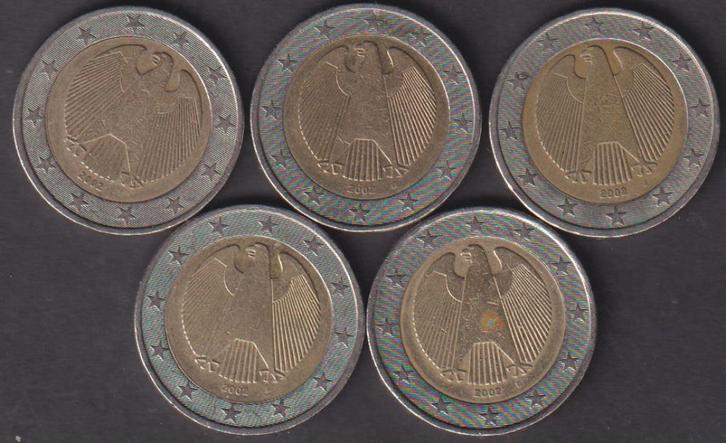2 € set munten Duitsland 2002 A-D-F-G en J. ADV. no.4 S., Postzegels en Munten, Munten | Europa | Euromunten, Setje, 2 euro, Duitsland
