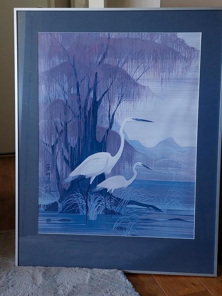 Vintage Hero Nim Asian Art oriental Egrets Birds print frame, Antiek en Kunst, Kunst | Litho's en Zeefdrukken, Ophalen
