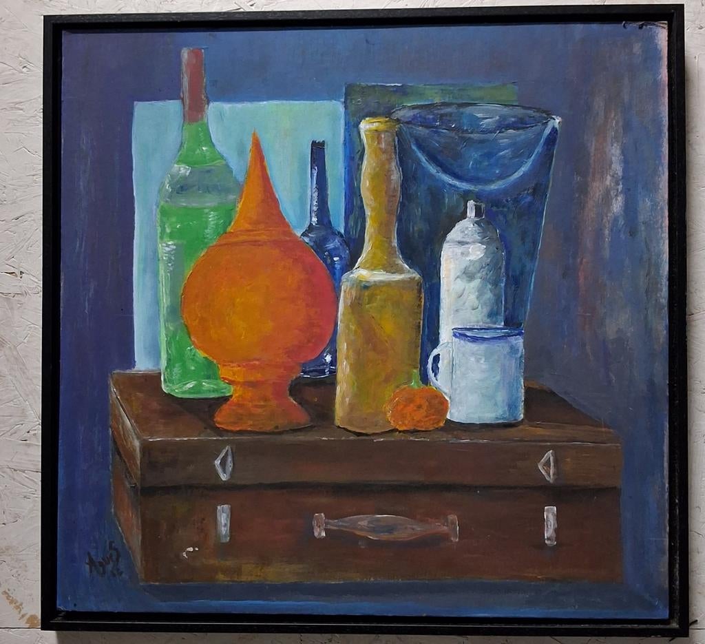 Stilleven met flessen en koffer, Ophalen of Verzenden