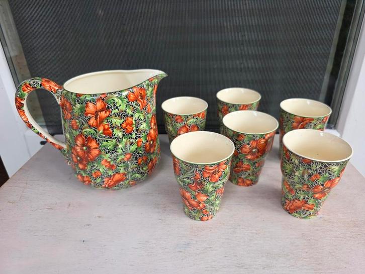 Vintage antieke aardewerk melkkan 6 bekers Société Céramique, Antiek en Kunst, Antiek | Servies los, Ophalen of Verzenden