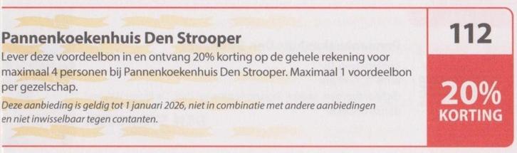 Pannenkoekenhuis Den Strooper, Arnhem. 20% korting. Bon 112., Tickets en Kaartjes, Kortingen en Cadeaubonnen, Drie personen of meer