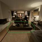 Salontafel hokker in leren vlechtpatroon met glazenblad, Huis en Inrichting, Ophalen, Gebruikt, 100 tot 150 cm, Vierkant