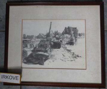 BOOTJES OP HET DROGE * HOUTSKOOL TEKENING In Lijst * beschikbaar voor biedingen