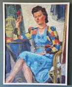portret van een zittende vrouw met een roos in haar handen,, Ophalen of Verzenden