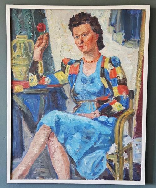 portret van een zittende vrouw met een roos in haar handen,, Antiek en Kunst, Kunst | Schilderijen | Klassiek, Ophalen of Verzenden