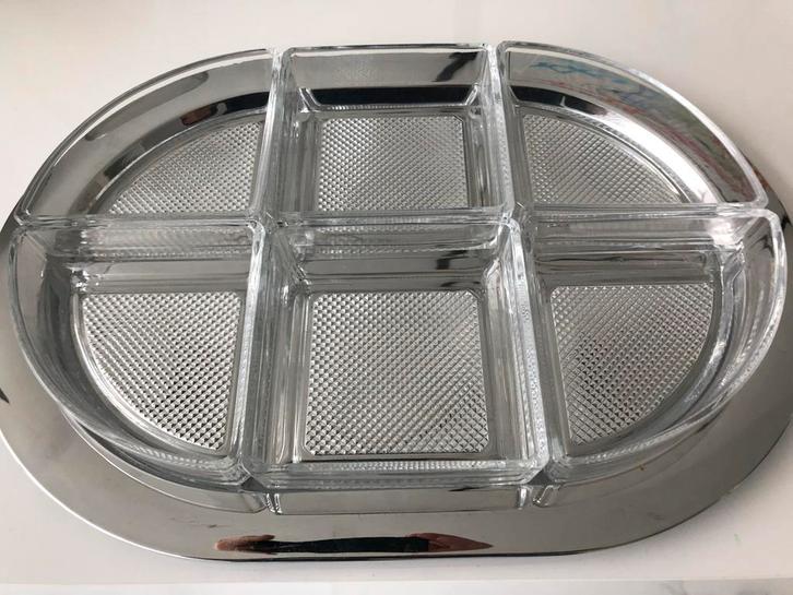 7-delige Fonduesaus Schaal Ovaal, Huis en Inrichting, Woonaccessoires | Dienbladen, Zo goed als nieuw, Metaal, Ovaal, Ophalen of Verzenden