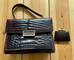 Vintage handtas + portemonnee - Bruin leer krokodillen, Ophalen of Verzenden, Gebruikt, Bruin, Handtas