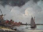 Hollands landschap met zeilboot en molen, Ophalen of Verzenden