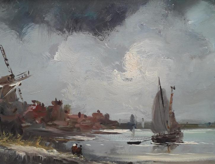 Hollands landschap met zeilboot en molen, Antiek en Kunst, Kunst | Schilderijen | Klassiek, Ophalen of Verzenden