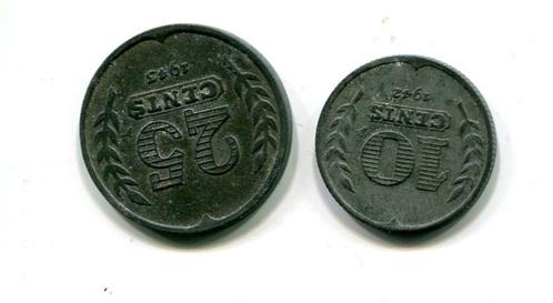 Munten, (#7546), WWII, 25 (1943) cnt + 10 (1942) cnt, zink, Postzegels en Munten, Munten | Nederland, Losse munt, 25 cent, Koningin Wilhelmina