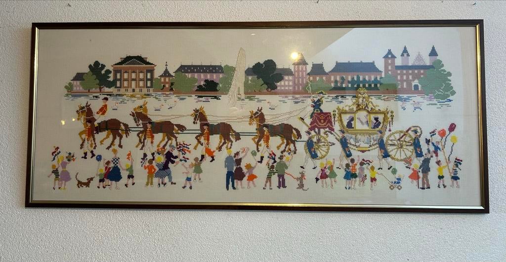 Ingelijst borduurwerk gouden koets, Ophalen of Verzenden