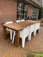 Houten tuintafel 260 cm met 6 kunststof stoelen, Ophalen, Zo goed als nieuw, Hout