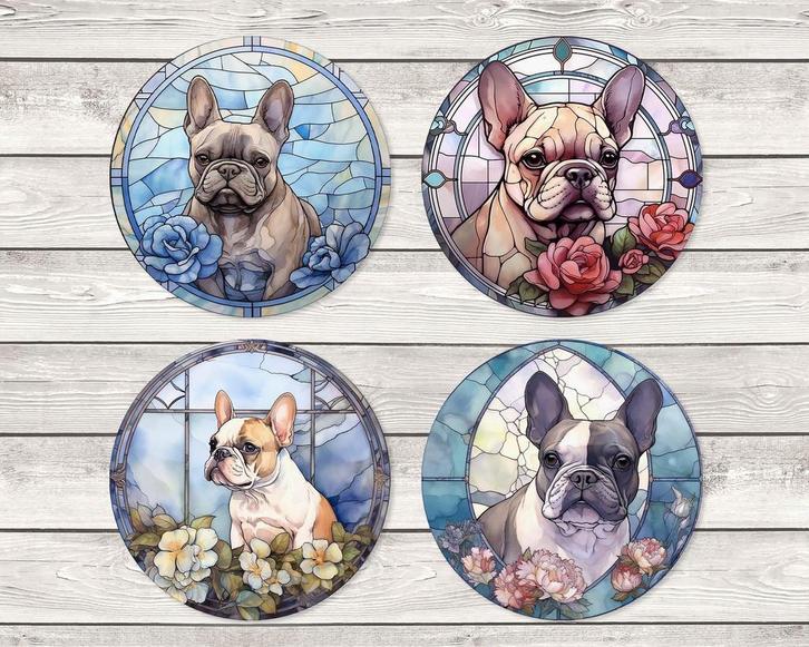 Franse Bulldog Glas in Lood onderzetters met houder rond, Huis en Inrichting, Woonaccessoires | Onderzetters, Nieuw, Glas of Kopje