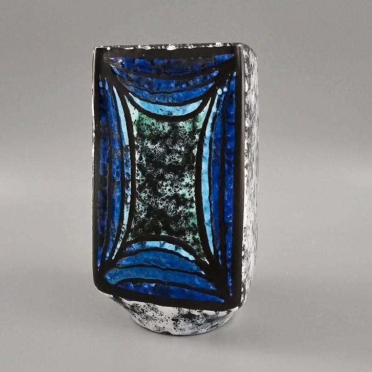 Vintage Oost-Duitse Fat Lava vaas. Strehla, blauw, zwart wit, Antiek en Kunst, Antiek | Vazen, Ophalen of Verzenden