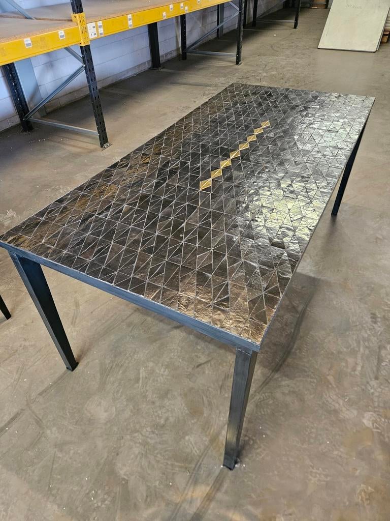 Tuintafel met tegels ingelegd 200 x 90 cm zwart/goud, Ophalen, Gebruikt, 100 tot 150 cm, Overige materialen