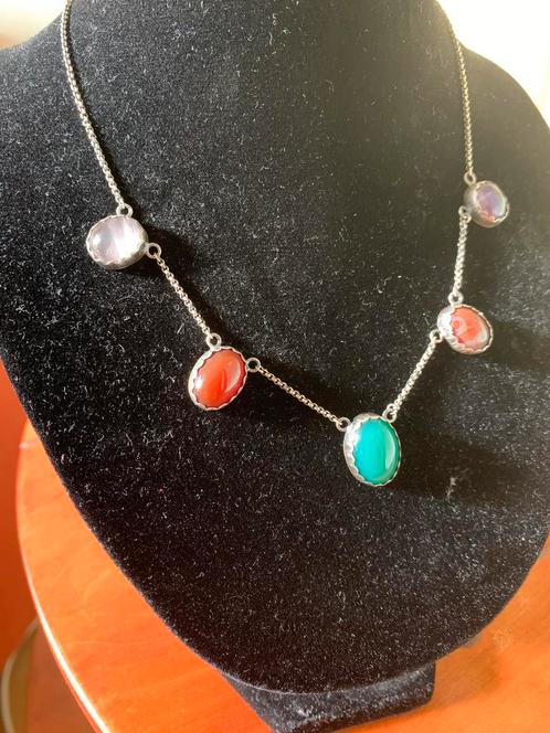 ZEER MOOIE ART DECO/VINTAGE ZILVER COLLIER MET 5 EDELSTENEN, Sieraden, Tassen en Uiterlijk, Kettingen, Gebruikt, Zilver, Zilver