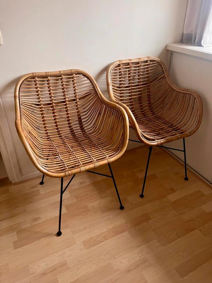4 rotan bamboe stoelen, Huis en Inrichting, Stoelen, Zo goed als nieuw, Vier, Hout, Metaal, Riet of Rotan, Bruin, Ophalen