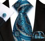 100% zijde Stropdas Pochet Manchetknopen Blauw Goud -NIEUW-, Ophalen of Verzenden, Nieuw, Blauw, Met patroon