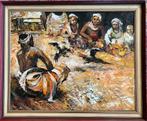 Indonesisch Bali olieverf schilderij van een hanengevecht, Antiek en Kunst, Ophalen