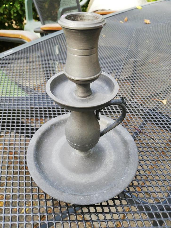 Tinnen Kaarsenhouder met Handvat - Vintage, Antiek en Kunst, Antiek | Tin, Ophalen of Verzenden