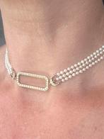 Choker parels 3 strengen 18 karaat geelgoud en diamant, Ophalen of Verzenden, Gebruikt, Goud, Met edelsteen