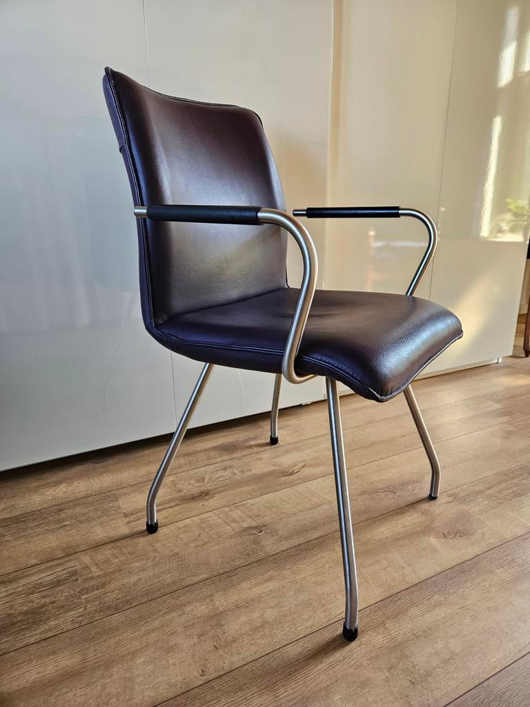 Eetkamer werktafel stoel leer stalen frame aubergine, Gebruikt, Modern designe, Leer, Ophalen of Verzenden