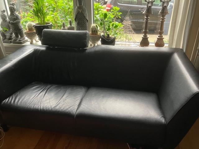 Zwarte lederen bank, Gebruikt, 150 tot 200 cm, Tweepersoons, Ophalen of Verzenden
