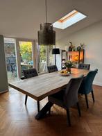 Eikenhouten eettafel met stalen X-poot onderstel, Ophalen, Eikenhout, 200 cm of meer, 50 tot 100 cm