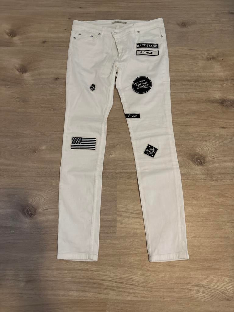 Nikkie spijkerbroek wit maat 29 met patches, Ophalen of Verzenden, Zo goed als nieuw, Maat 36 (S), Wit