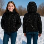 Glitterende Zwarte Meisjes Winterjas met Capuchon, Kinderen en Baby's, Kinderkleding | Maat 152, Ophalen of Verzenden, Nieuw