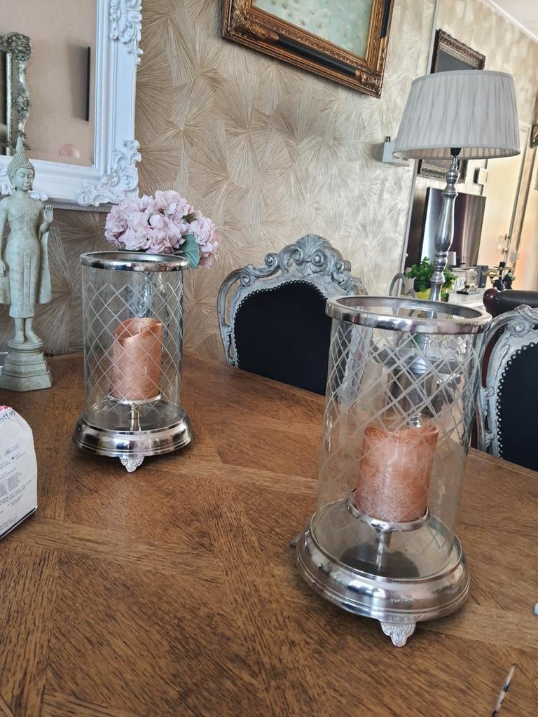 2 windlichten Geruit glas, Ophalen of Verzenden, Zo goed als nieuw