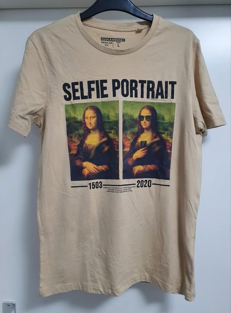 Beige T-shirt met Mona Lisa print, maat L, Maat 52/54 (L), Beige, Ophalen of Verzenden, Zo goed als nieuw