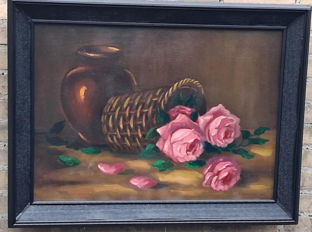 DEZEURE E, Roses dans un panier en roses. '43. 81/61 cm., Ophalen