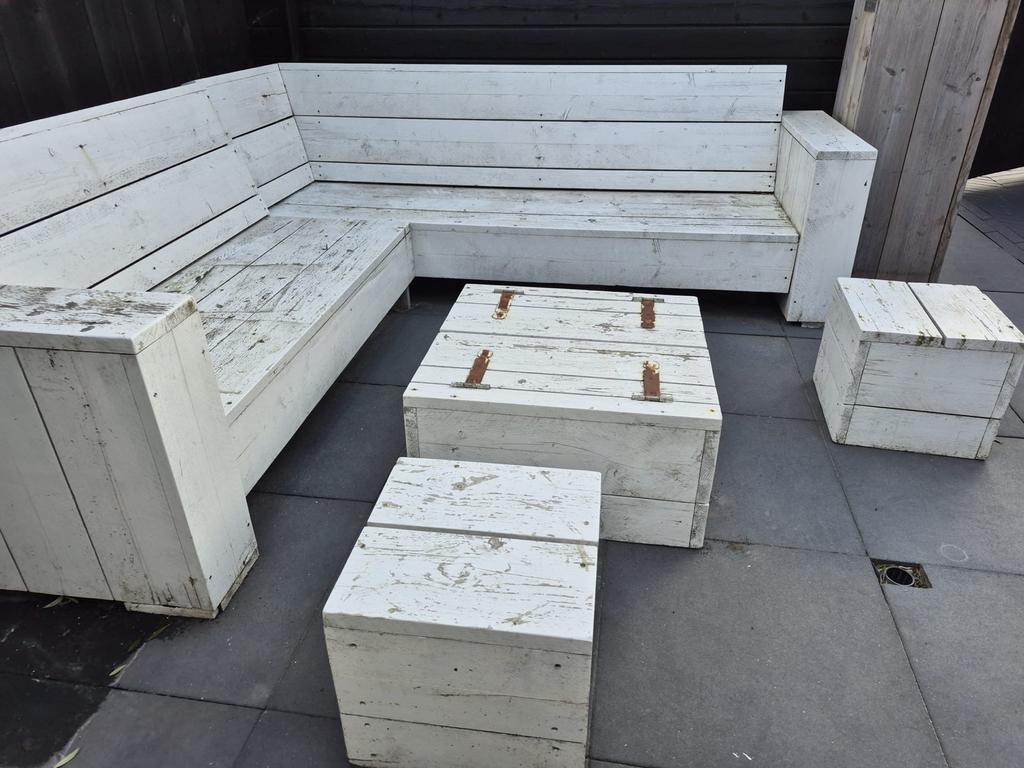 Handgemaakte houten tuinset (gebruikt), Ophalen, Gebruikt, 6 zitplaatsen, Hout